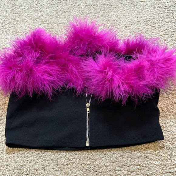 Black & Hot Pink Feathered Tube Top Bandeau - M - Picture 2 of 2